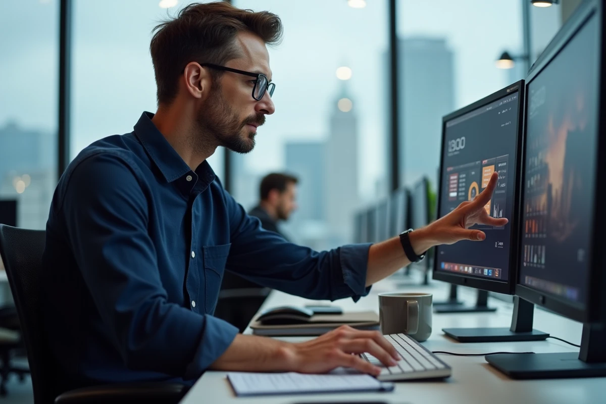 Homme en open space réorganisant les icônes de son bureau d'ordinateur sur un écran ultrawide professionnel