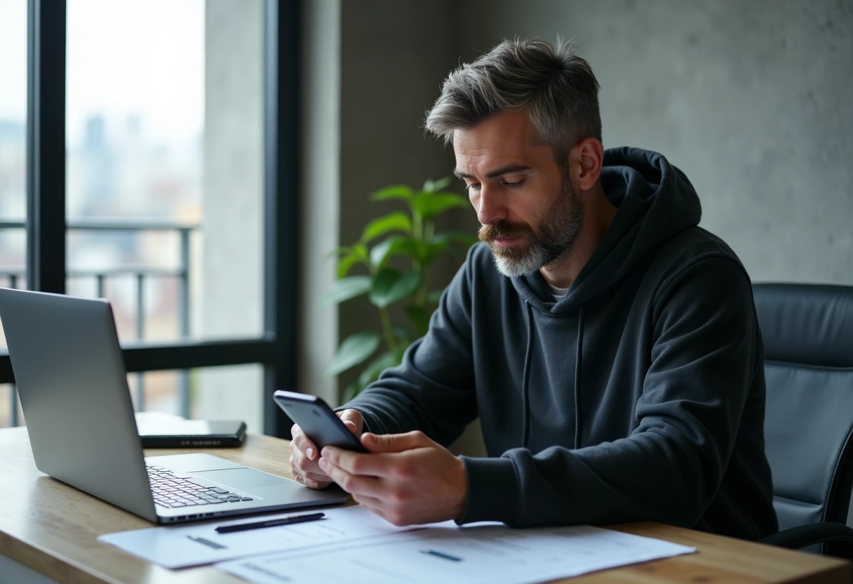 Homme en hoodie vérifiant des documents sur son smartphone