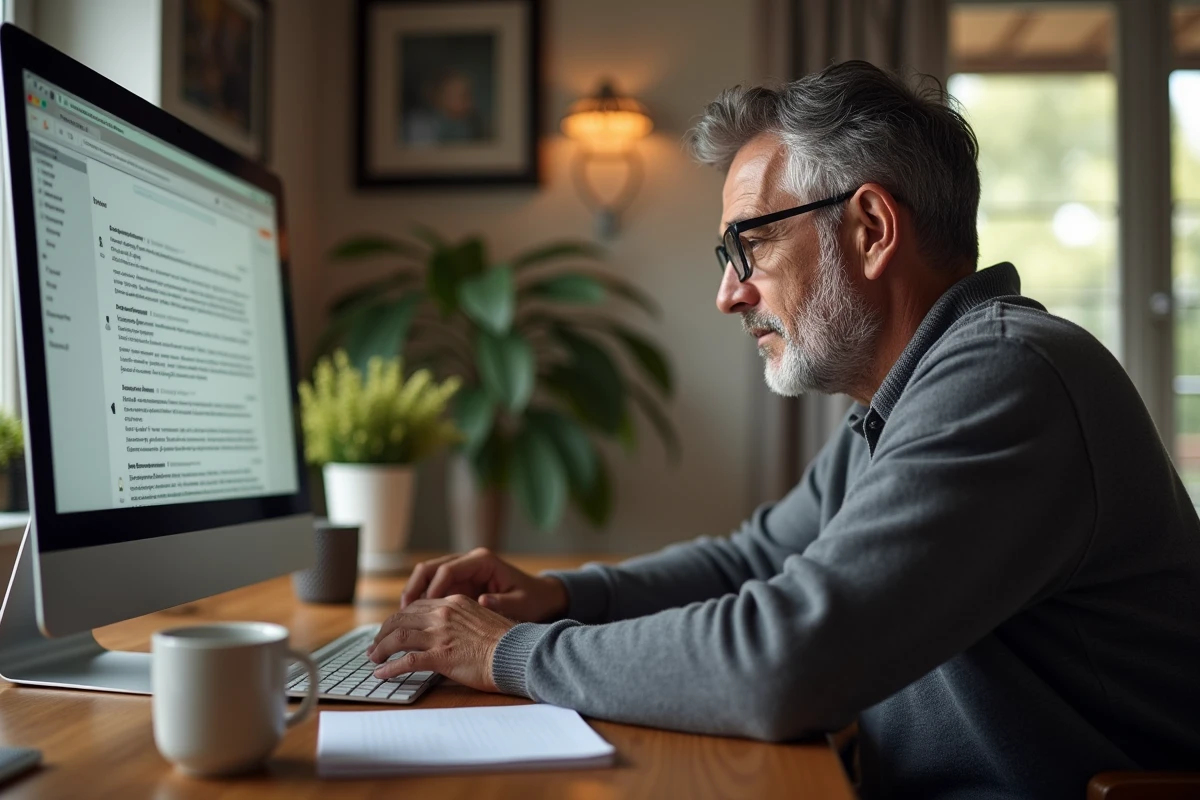 Homme au domicile regardant son e-mail