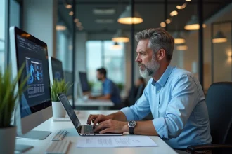 Homme d'âge moyen travaillant sur migration logiciel dans un bureau