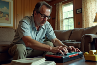 Homme d'âge moyen jouant à un jeu vidéo vintage dans un salon rétro