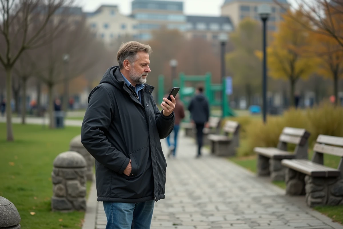 Homme middleaged prend une photo dans un parc urbain