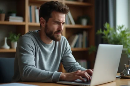 Homme cherchant le site Epsilon Soft introuvable sur Google depuis son bureau à domicile