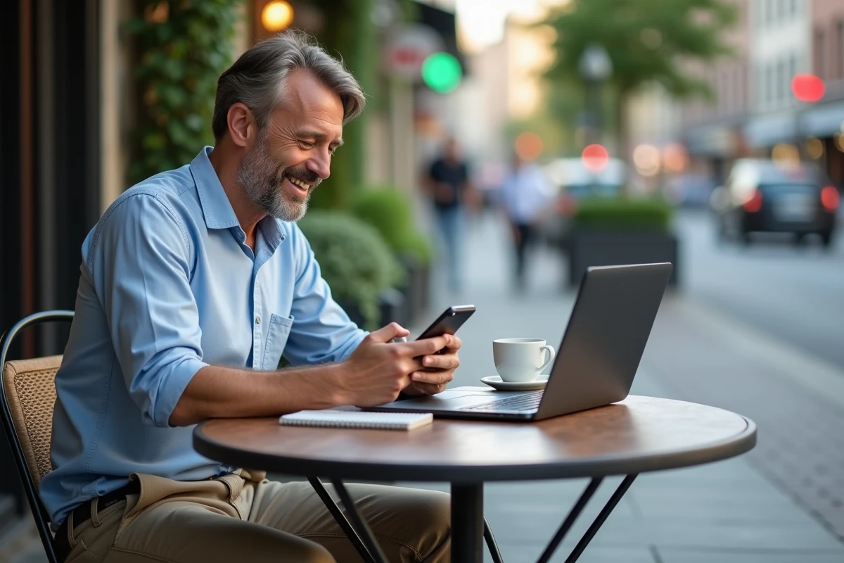 Homme d age moyen utilisant son smartphone en cafe