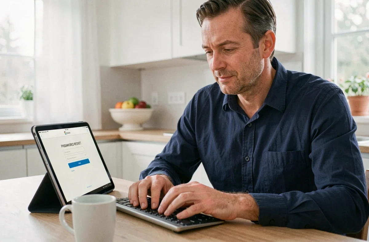 Homme réinitialisant son mot de passe de compte mobile sur tablette dans une cuisine moderne