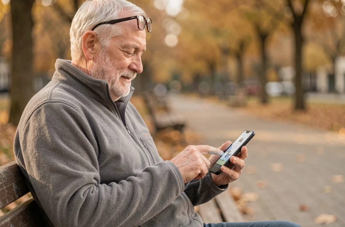 Homme senior utilisant le Samsung A05s sur un banc de parc en automne