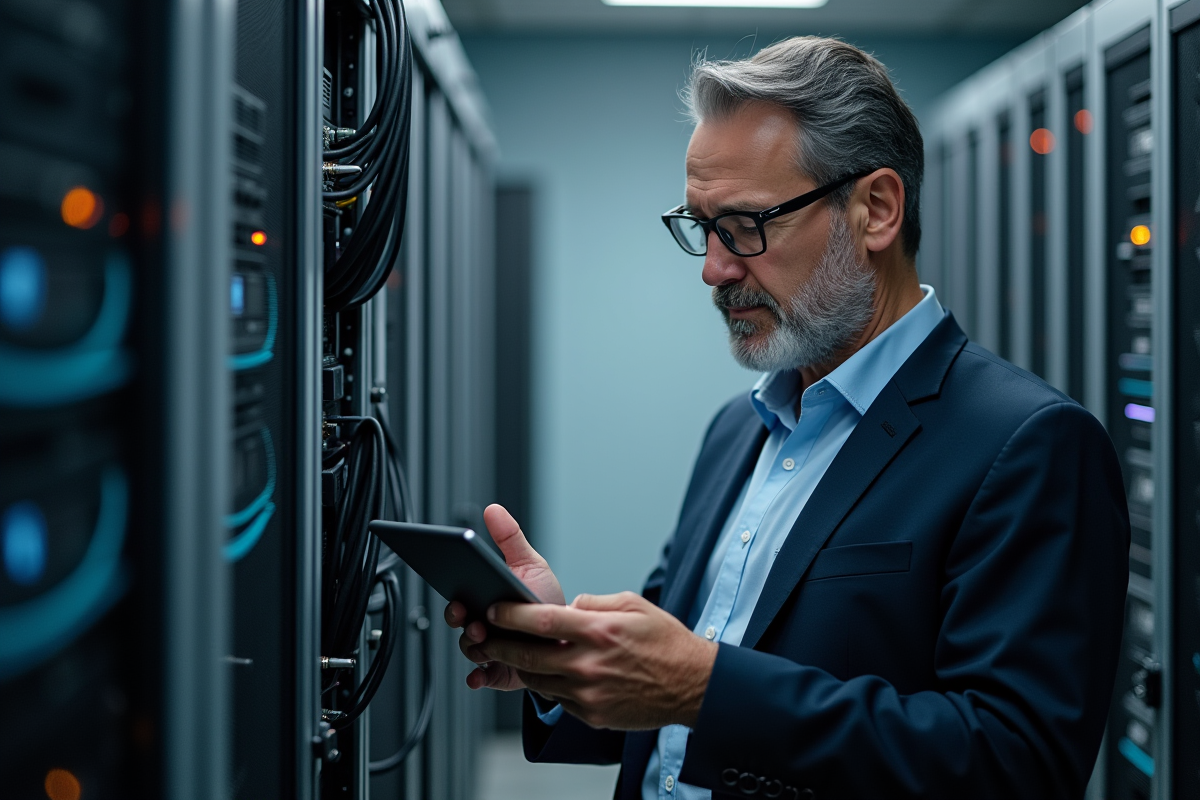 Homme d age moyen vérifiant des documents dans un centre serveur