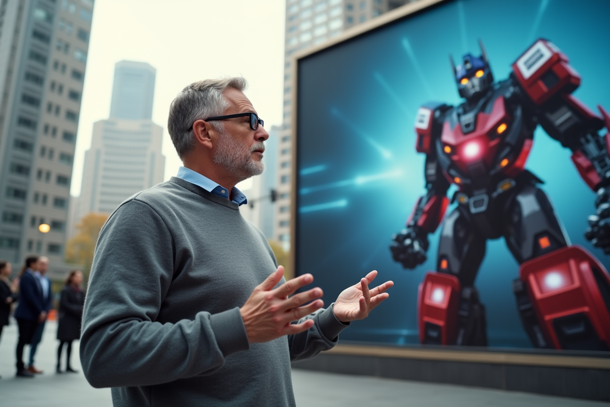 Homme pointant un billboard avec un transformer dans la ville