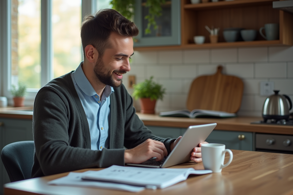 Homme utilisant une tablette dans une cuisine chaleureuse