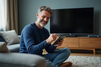 Homme souriant utilisant une tablette dans un salon moderne