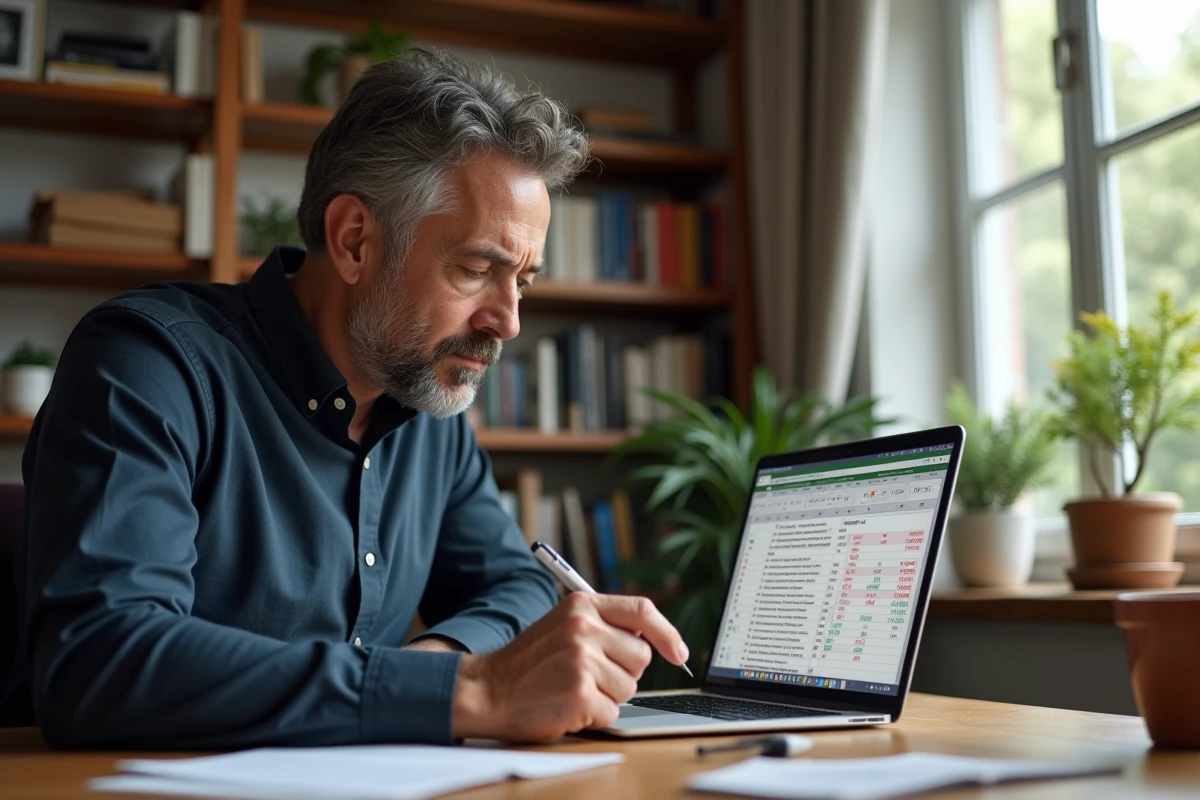 Homme en télétravail pointant une formule de pourcentage avec une erreur sur Excel