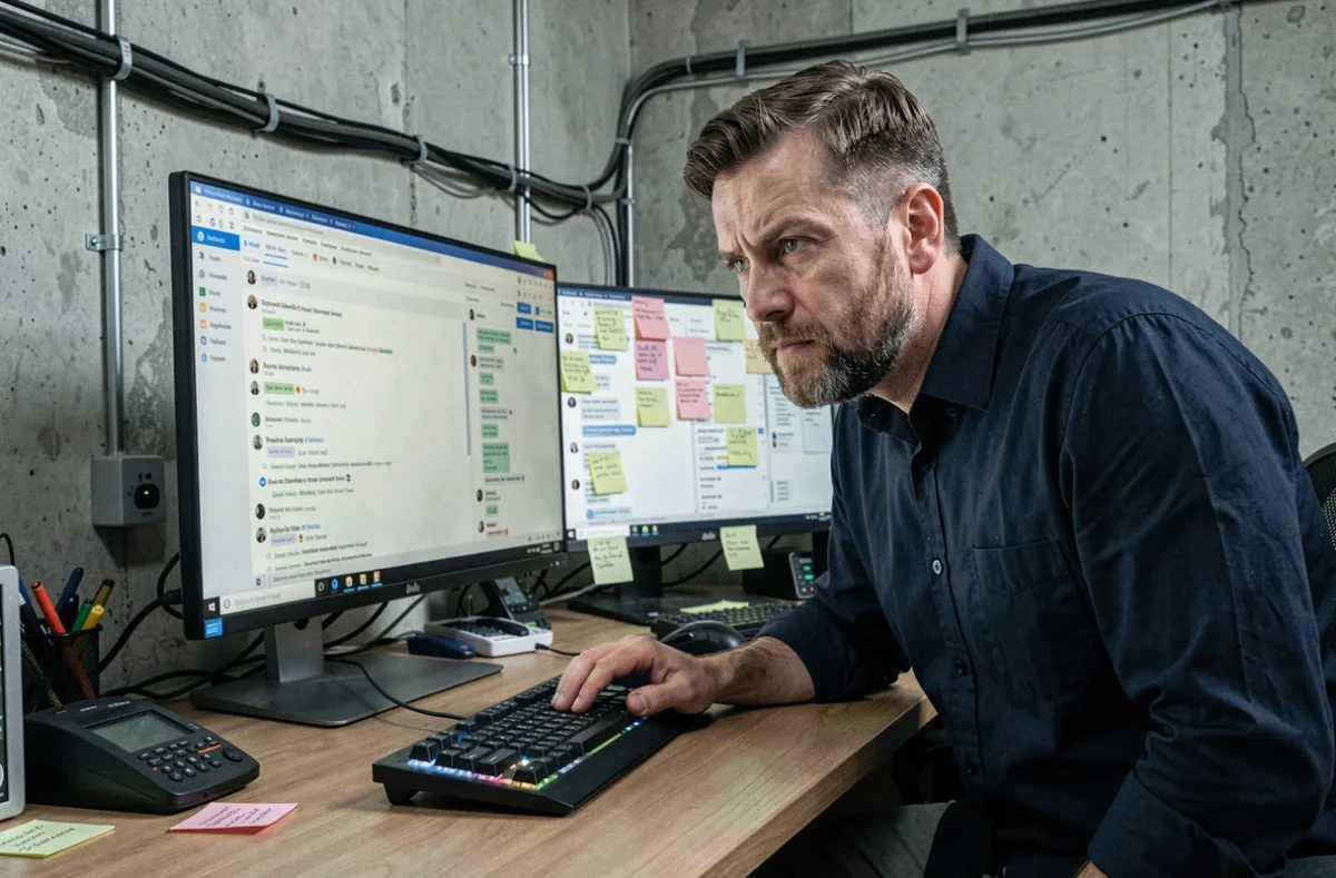 Homme testant les limites d'un chatbot IA dans un espace de travail technologique avec plusieurs écrans