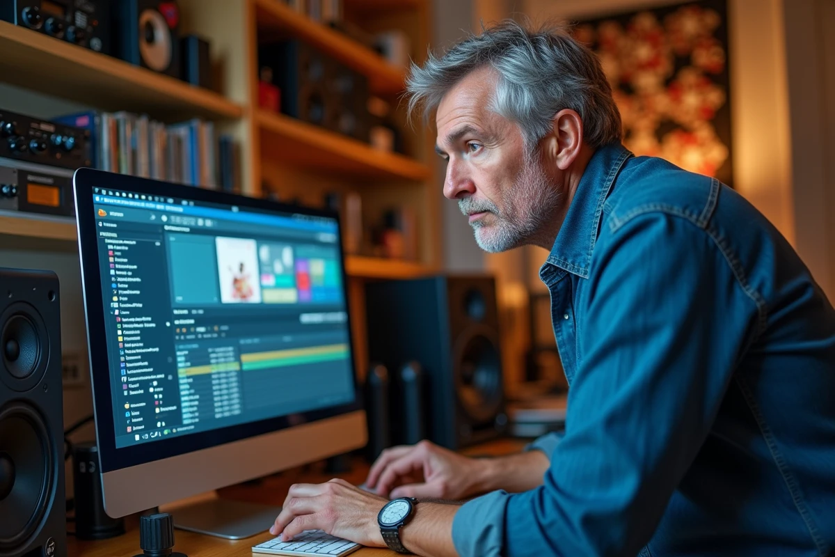 Homme transférant des fichiers musicaux sur clé USB depuis un ordinateur de bureau avec un logiciel gratuit