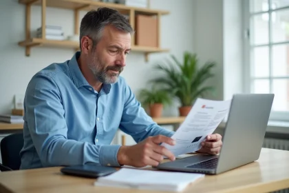 Homme d'âge moyen utilisant un ordinateur portable et un manuel de routeur