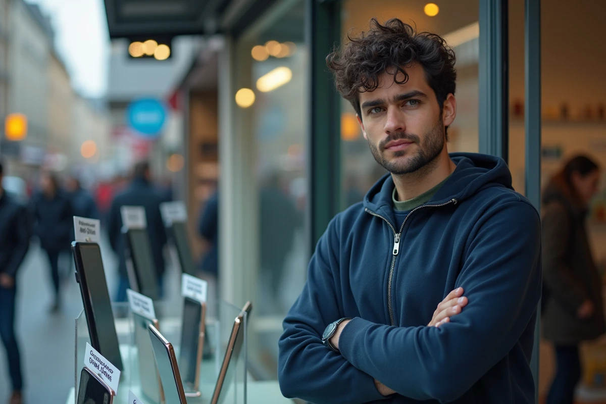 Homme devant une vitrine de boutique de smartphones Samsung Galaxy reconditionnés en ville, hésitant avant l'achat