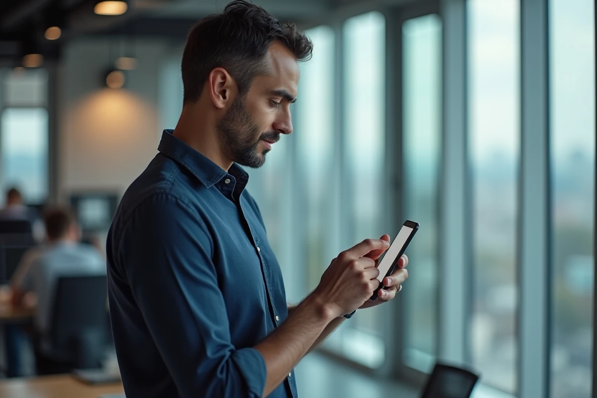 Homme consultant ses emails Ozone sur smartphone dans un bureau moderne en ville