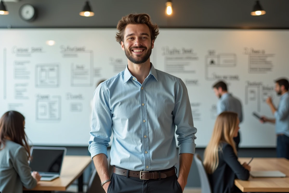 Jeune homme devant un tableau blanc avec structure SEO