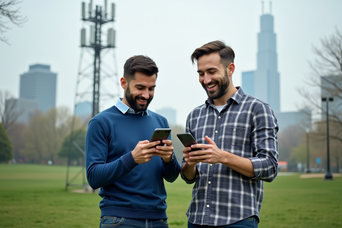 Deux hommes discutant de réseaux 4G et 5G en extérieur