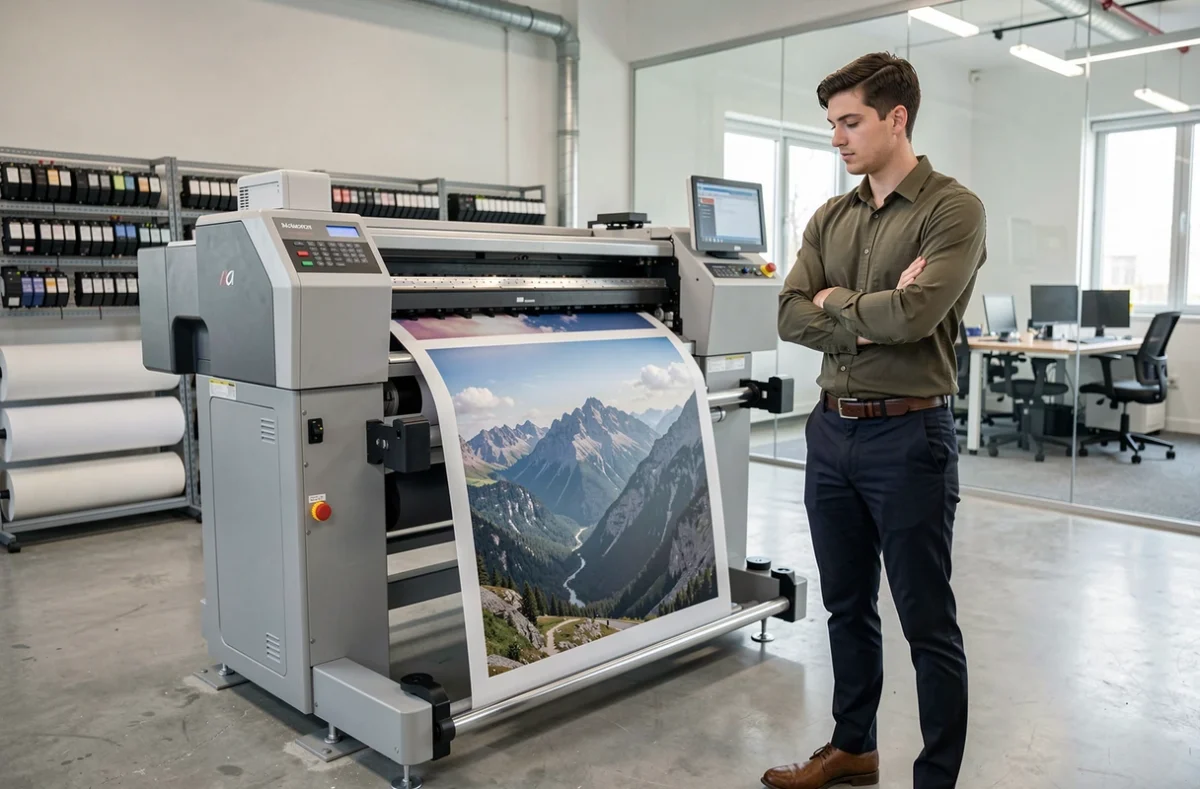 Technicien supervisant l'impression grand format d'une photographie paysage sur une imprimante professionnelle