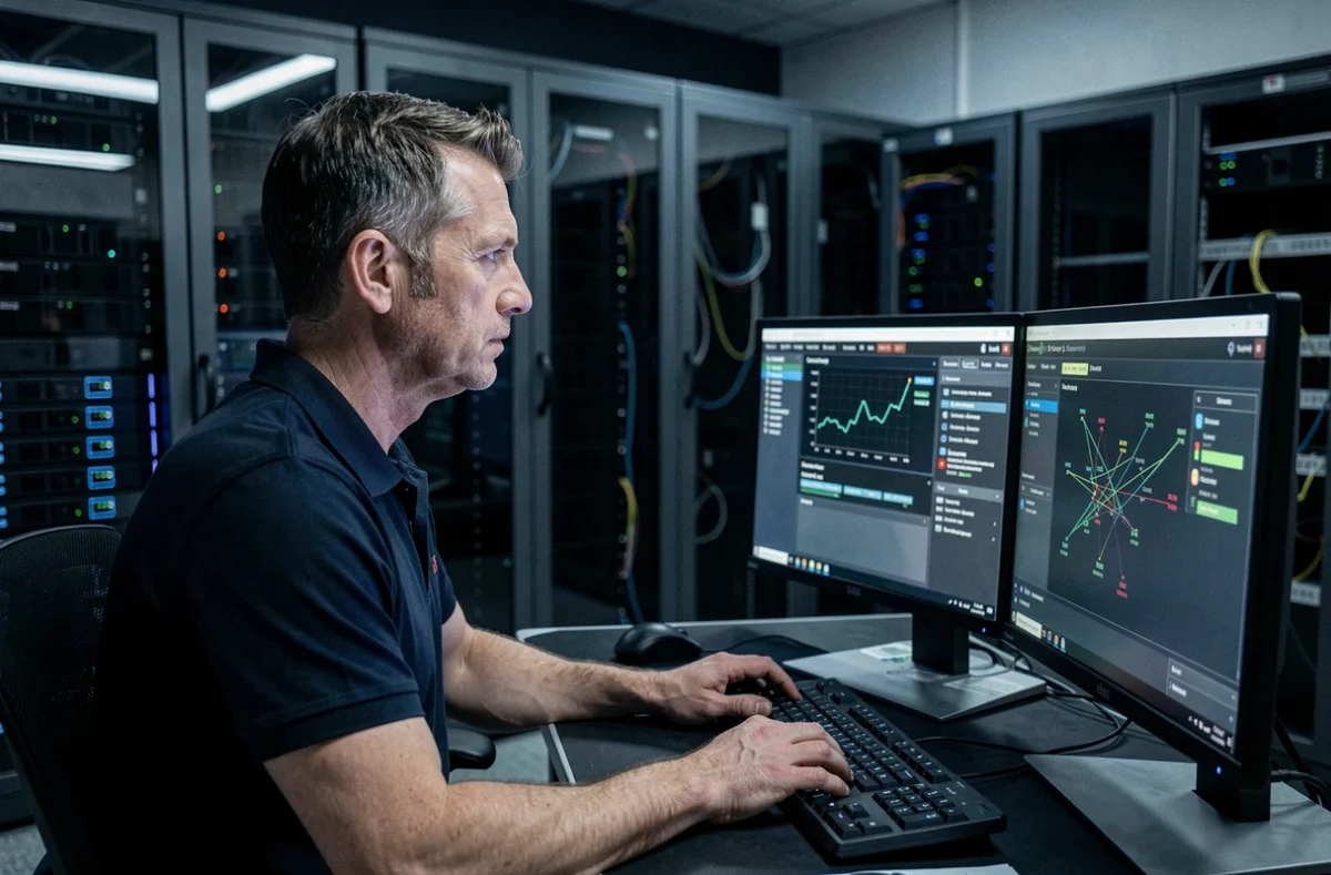 Expert en sécurité informatique Infotek surveillant un tableau de bord de cybersécurité dans un centre opérationnel