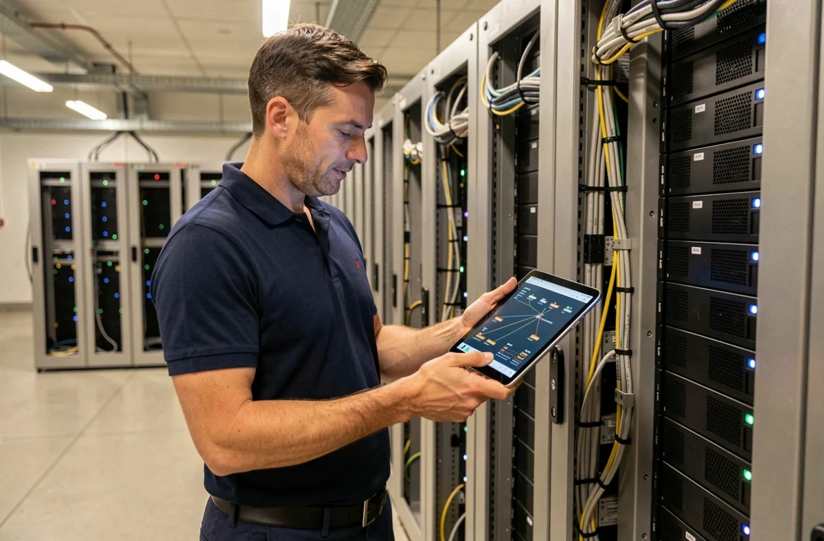 Technicien informatique d'Infranat consultant une tablette devant une baie de serveurs pour la gestion multi-départements dans le Grand Est