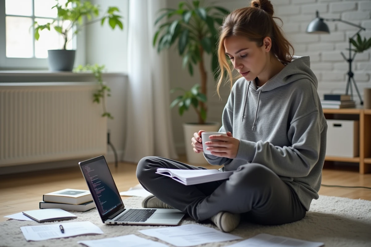 Ingénieure étudiant la documentation de démarrage rapide secmodel dans un bureau à domicile