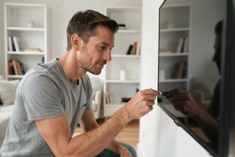 Homme branchant un Chromecast sur le port HDMI d'un téléviseur moderne dans un salon contemporain