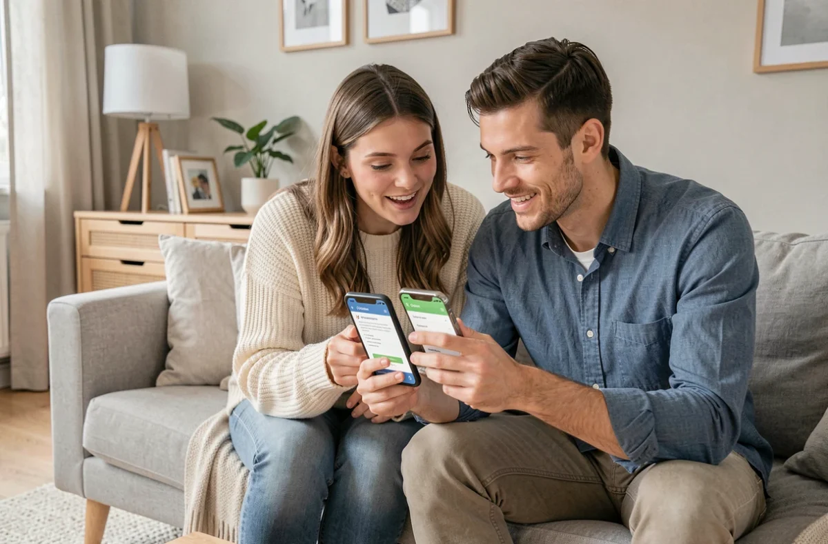 Deux amis consultant un iPhone ensemble pour choisir le meilleur rapport qualité prix en 2026 dans un salon moderne