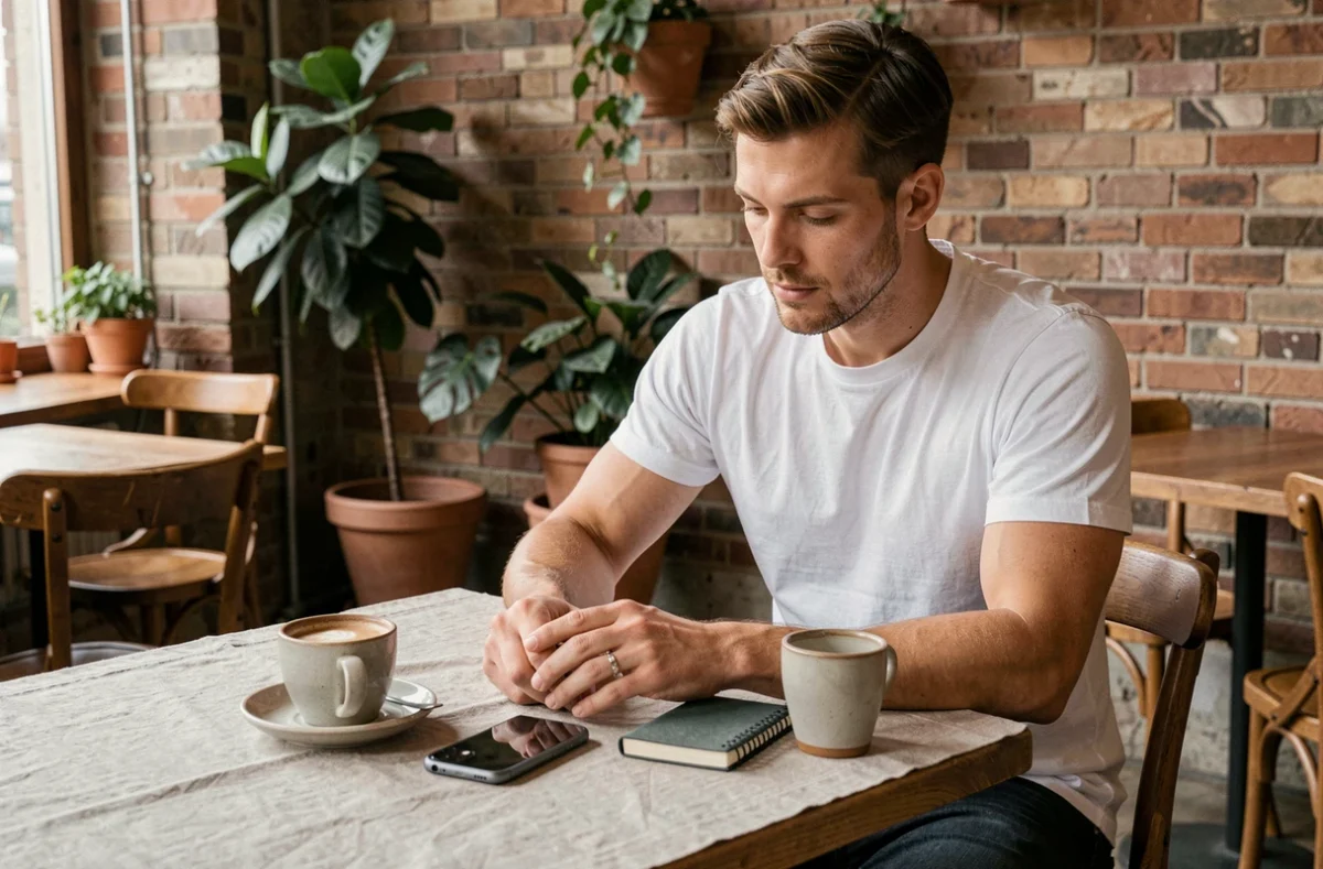Homme comparant des modèles d'iPhone dans un café, guide d'achat meilleur rapport qualité prix 2026