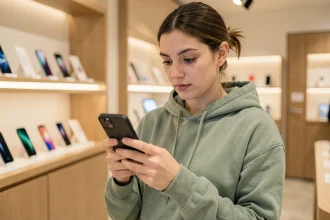 Jeune femme examinant un iPhone dans un magasin d'électronique, meilleur rapport qualité prix pour un premier achat en 2026