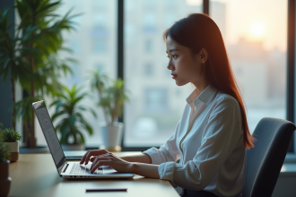 Jeune femme professionnelle travaillant sur un ordinateur avec une boîte mail