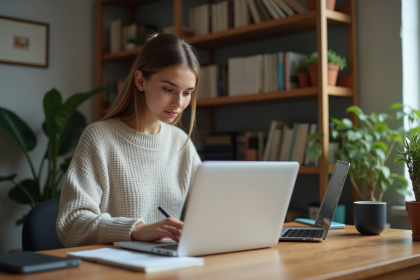 Jeune femme concentrée travaillant à son bureau à domicile