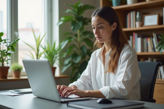 Jeune femme concentrée travaillant sur son ordinateur dans un bureau moderne