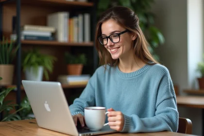 Jeune femme concentrée travaillant sur son ordinateur dans un bureau à domicile