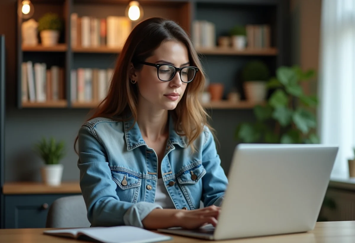 Jeune femme en denim travaillant sur son ordinateur à la maison