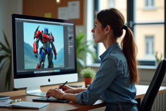 Femme travaillant sur un robot transformer sur son ordinateur