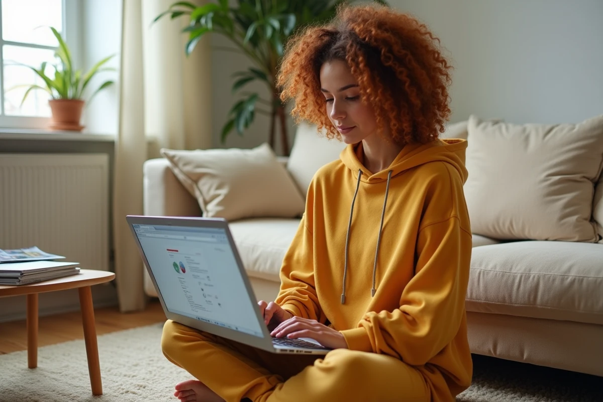 Jeune femme réorganisant les raccourcis de son bureau macOS sur un canapé dans un salon cosy et moderne