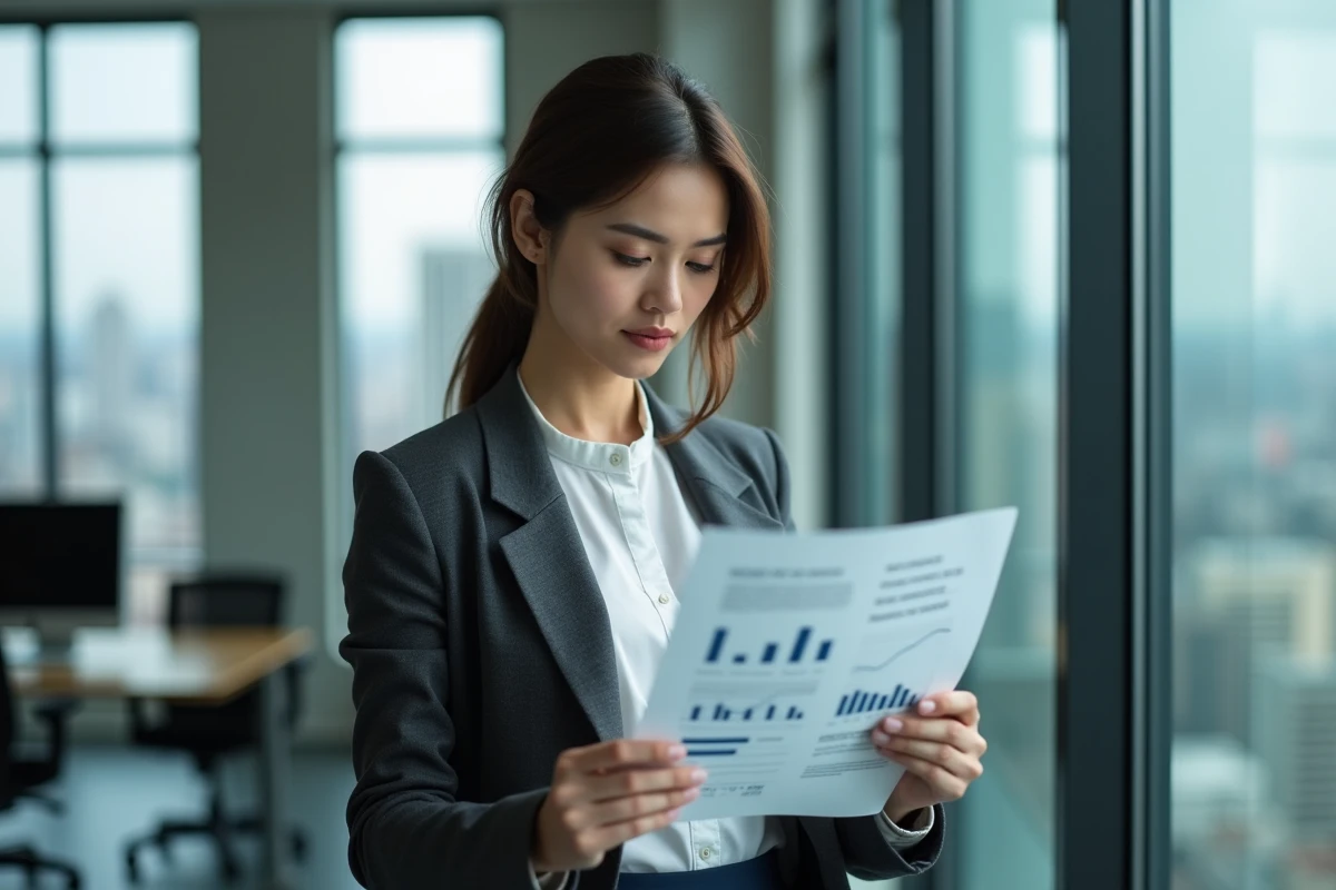 Jeune femme lisant un rapport avec graphiques dans un bureau lumineux
