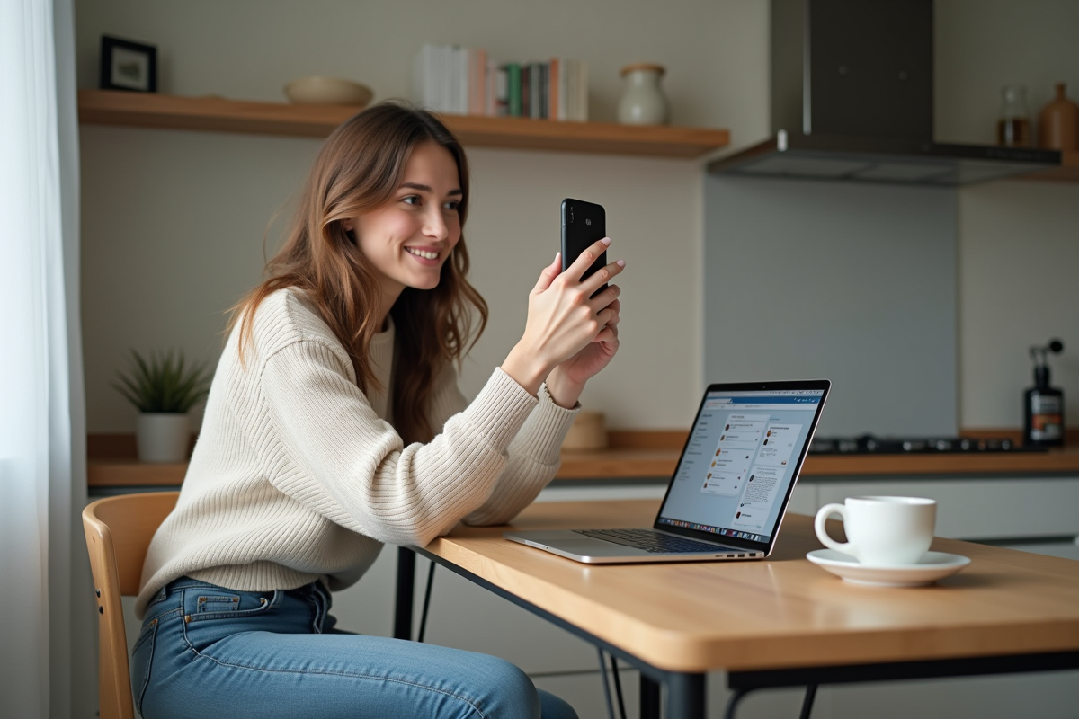 Jeune femme prenant un selfie dans une cuisine moderne