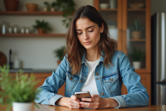 Jeune femme en denim et t-shirt utilisant son smartphone à la maison