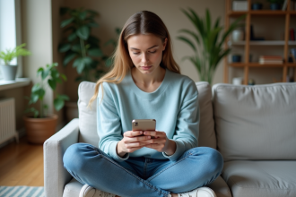 Jeune femme assise sur un canapé dans un salon cosy avec smartphone