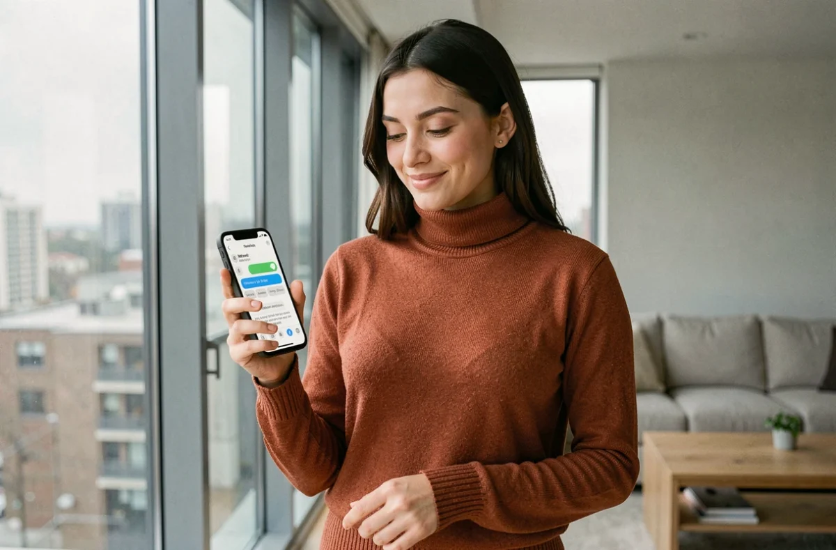 Jeune femme recevant un SMS de confirmation pour la récupération de son mot de passe Réglo Mobile