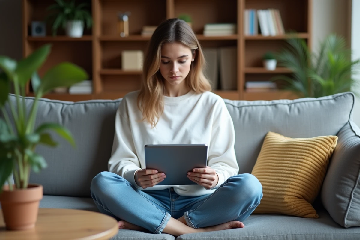 Jeune femme accédant à son compte webmail sur tablette depuis son salon confortable