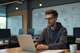 Jeune homme en hoodie travaillant sur un laptop dans un bureau moderne