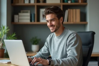 Jeune homme concentré travaillant sur son ordinateur dans un bureau moderne