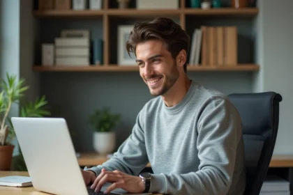 Jeune homme concentr&eacute; travaillant sur son ordinateur dans un bureau moderne