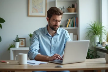 Jeune homme concentré devant son ordinateur dans un bureau moderne