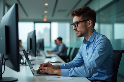 Jeune homme en bureau concentré sur son ordinateur portable