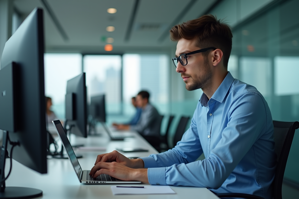 Jeune homme en bureau concentré sur son ordinateur portable