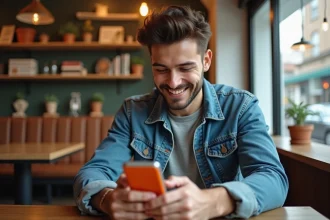 Jeune homme en café avec téléphone orange et gris
